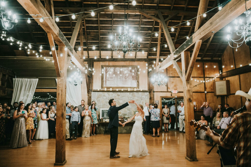 wedding party dance in barn